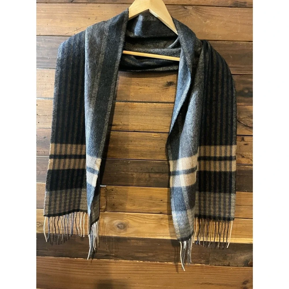 100% Cashmere Club Room Plaid Scarf‎ Black Brown Tan Fringed Soft Warm Luxury